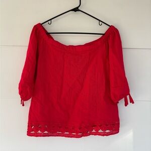 Greylin Womens Small Red Off the Shoulder Crochet Blouse Boho Preppy Tie Sleeves